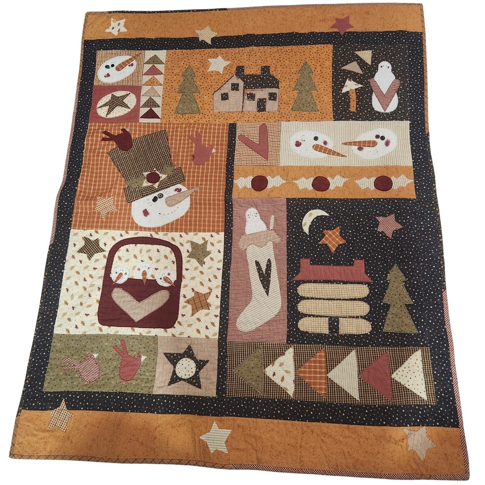 Handmade Quilt Snowman‎ House Tree Autumn Fall Winter Fabric Art Decor farmhouse